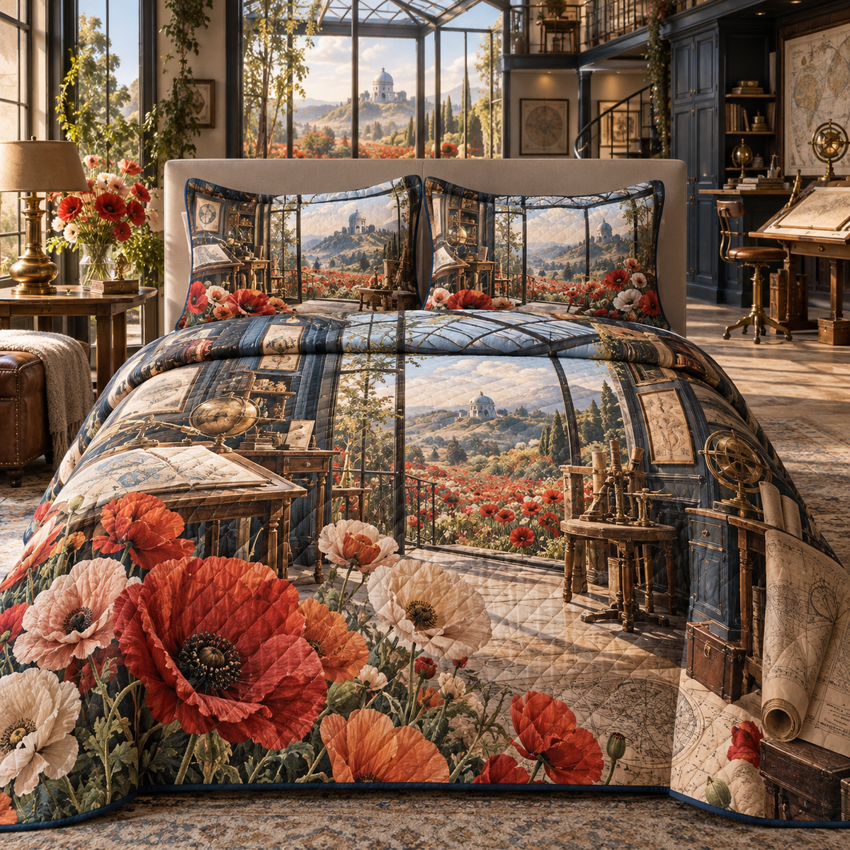One quilted bedding set with a continuous poppy cartographer studio, scarlet, burnt-orange, blush and ivory blooms, brass map grids, midnight-blue cabinetry, a glass-roof mezzanine and a distant meadow observatory.