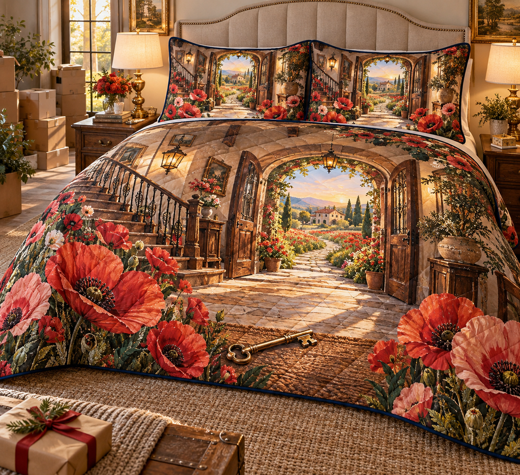 One quilted bedding set with a continuous poppy welcome house atrium, scarlet, burnt-orange, blush and ivory blooms, aged-brass keys, warm walnut doors, glowing lanterns, a garden path and a distant poppy meadow.