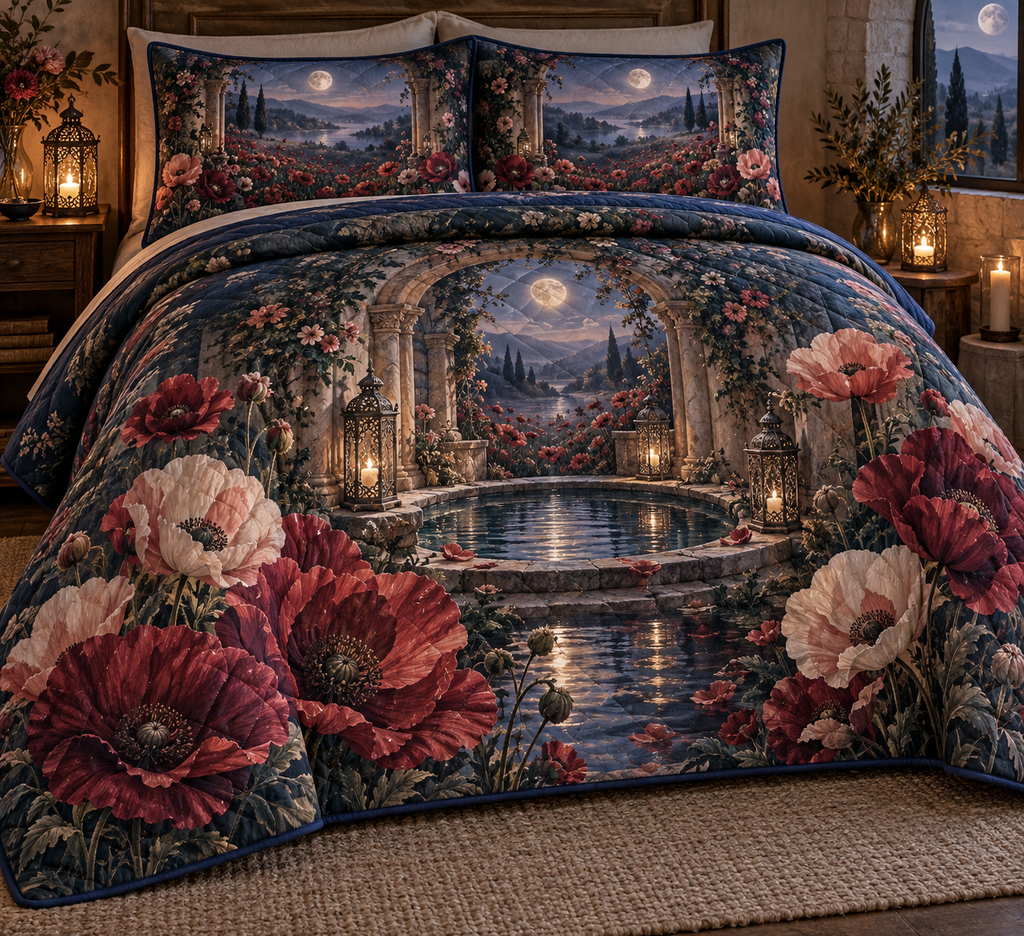 One quilted bedding set with a continuous poppy moonwell alcove, scarlet, burnt-orange, blush and ivory blooms, carved-stone arches, antique silver lanterns, a reflecting moonwell and a misty twilight meadow.
