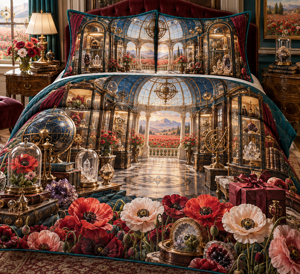 One quilted bedding set with a continuous poppy celestial curio vault, scarlet, burnt-orange, blush and ivory blooms, brass-and-glass vitrines, crystal specimens, celestial globes, a domed gallery and a distant poppy meadow.