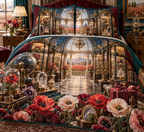One quilted bedding set with a continuous poppy celestial curio vault, scarlet, burnt-orange, blush and ivory blooms, brass-and-glass vitrines, crystal specimens, celestial globes, a domed gallery and a distant poppy meadow.