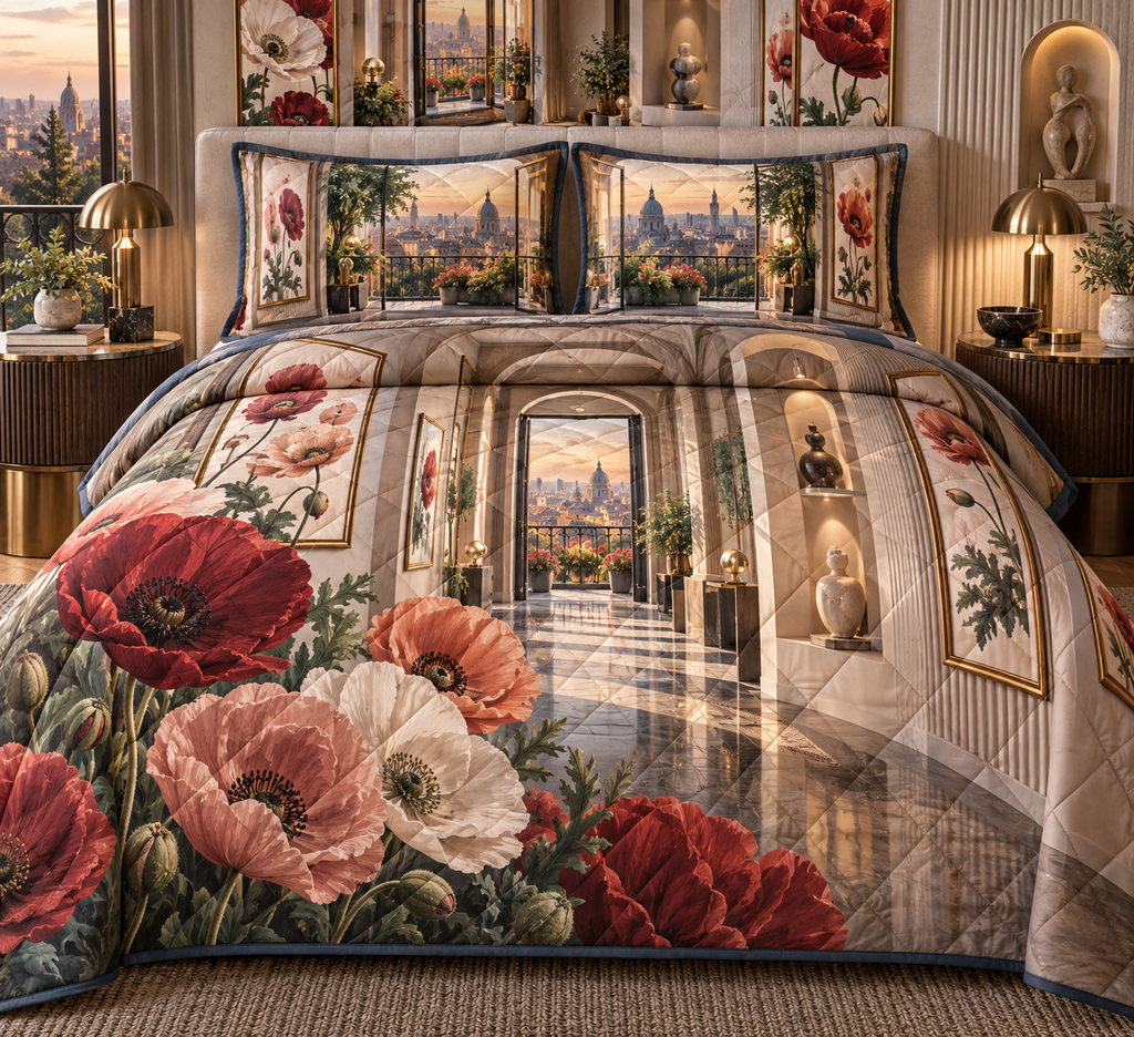 One quilted bedding set with a continuous poppy gilded gallery passage, crimson, dusty rose, coral and cream blooms, brass-framed botanical panels, sculptural niches, a compact balcony and a luminous city-meadow view.