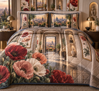One quilted bedding set with a continuous poppy gilded gallery passage, crimson, dusty rose, coral and cream blooms, brass-framed botanical panels, sculptural niches, a compact balcony and a luminous city-meadow view.