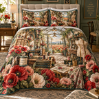 One quilted bedding set with a continuous poppy luminous maker atelier, ruby, coral, blush and cream blooms, vintage sewing machine, thread, scissors, pattern drawers, dress form, glass-roof studio and distant meadow.