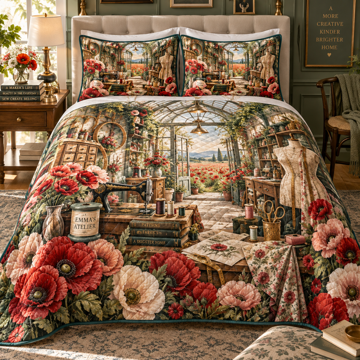 One quilted bedding set with a continuous poppy luminous maker atelier, ruby, coral, blush and cream blooms, vintage sewing machine, thread, scissors, pattern drawers, dress form, glass-roof studio and distant meadow.