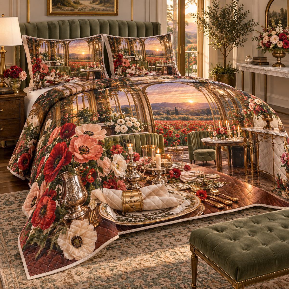 One quilted bedding set with a continuous poppy gracious welcome pavilion, ruby, coral, blush and cream blooms, silver serveware, champagne-brass arches, sage seating, candlelit table, glass pavilion and sunset meadow.
