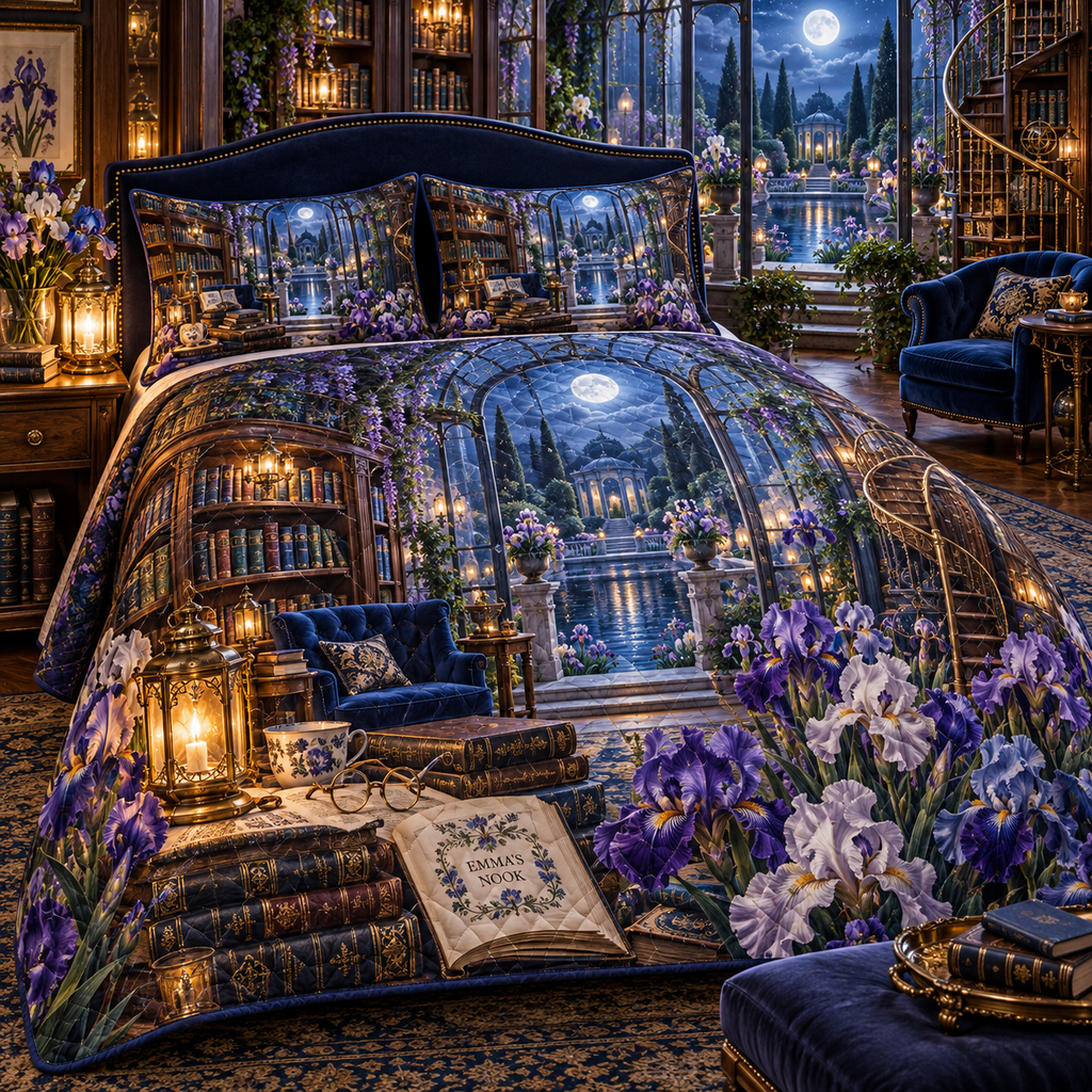 One quilted bedding set with a continuous iris moonlit story conservatory, violet, indigo, lavender and pearl blooms, antique books, brass spectacles, lanterns, walnut shelves, sapphire seating, glass conservatory and reflecting garden.