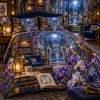 One quilted bedding set with a continuous iris moonlit story conservatory, violet, indigo, lavender and pearl blooms, antique books, brass spectacles, lanterns, walnut shelves, sapphire seating, glass conservatory and reflecting garden.