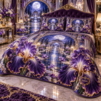 One quilted bedding set with a continuous iris celestial mirror palace, royal violet, amethyst, indigo and pearl blooms, faceted crystal lights, carved moon gates, mirrored arches, amethyst seating and reflecting garden.