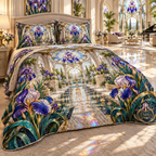 One quilted bedding set with a continuous iris Grand Prism Atrium, violet, cobalt and pearl blooms, peacock-teal leaves, amber-gold glass leading, limestone terraces, reflecting water and sunlit oculus.