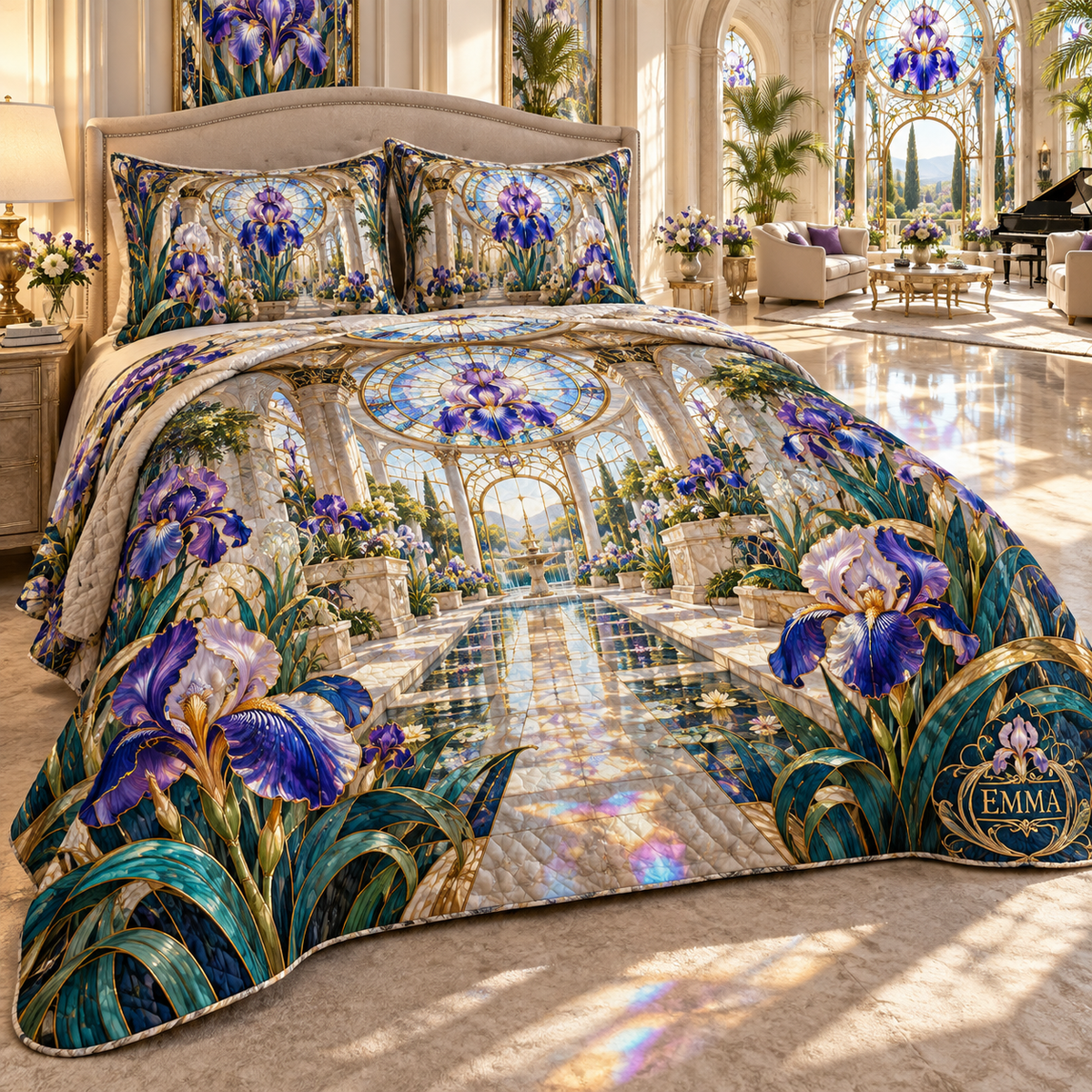 One quilted bedding set with a continuous iris Grand Prism Atrium, violet, cobalt and pearl blooms, peacock-teal leaves, amber-gold glass leading, limestone terraces, reflecting water and sunlit oculus.