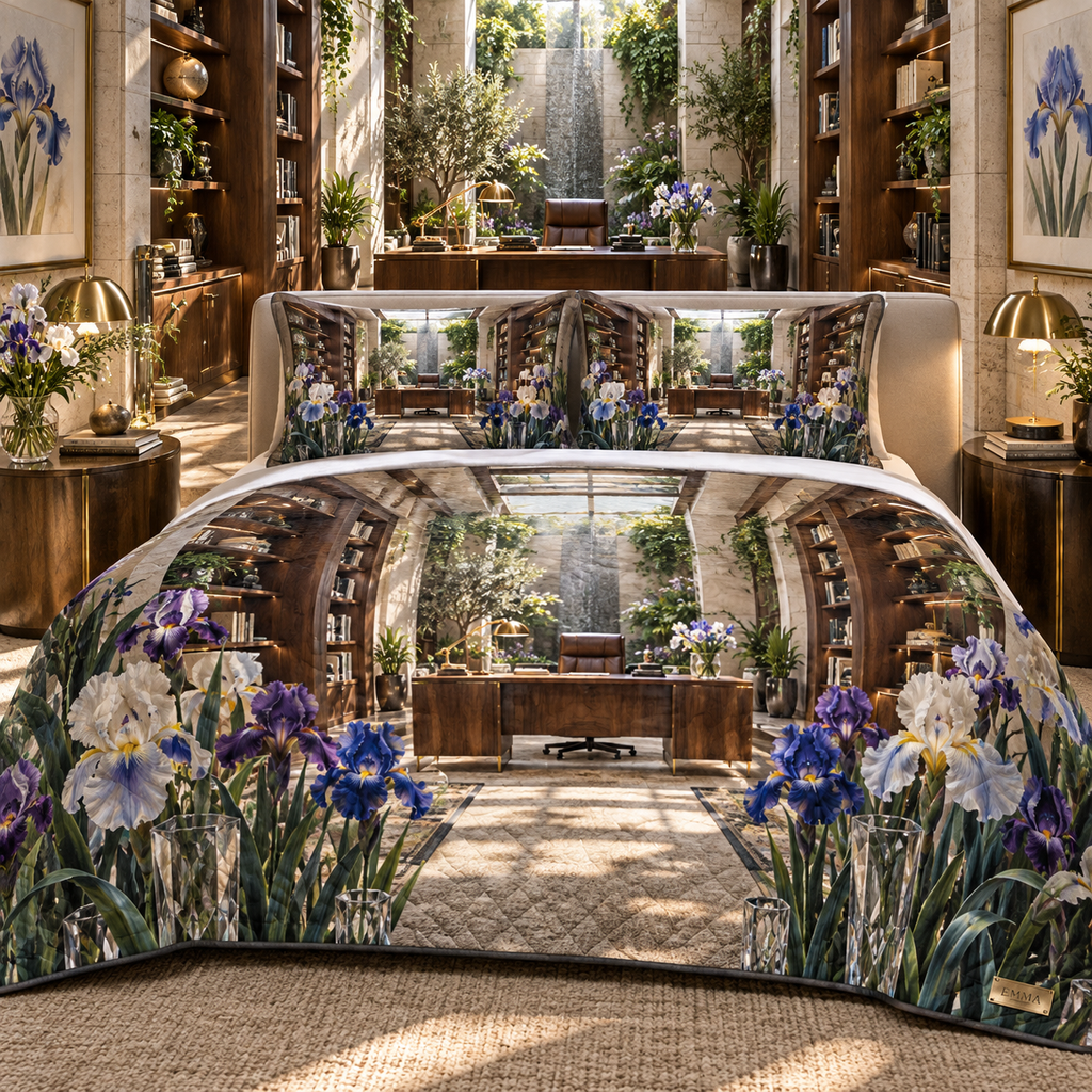 One quilted bedding set with a continuous iris executive lightwell studio, violet, cobalt and pearl blooms, walnut shelves, pale limestone, centered desk, brass task lamps, books, greenery and skylit garden.