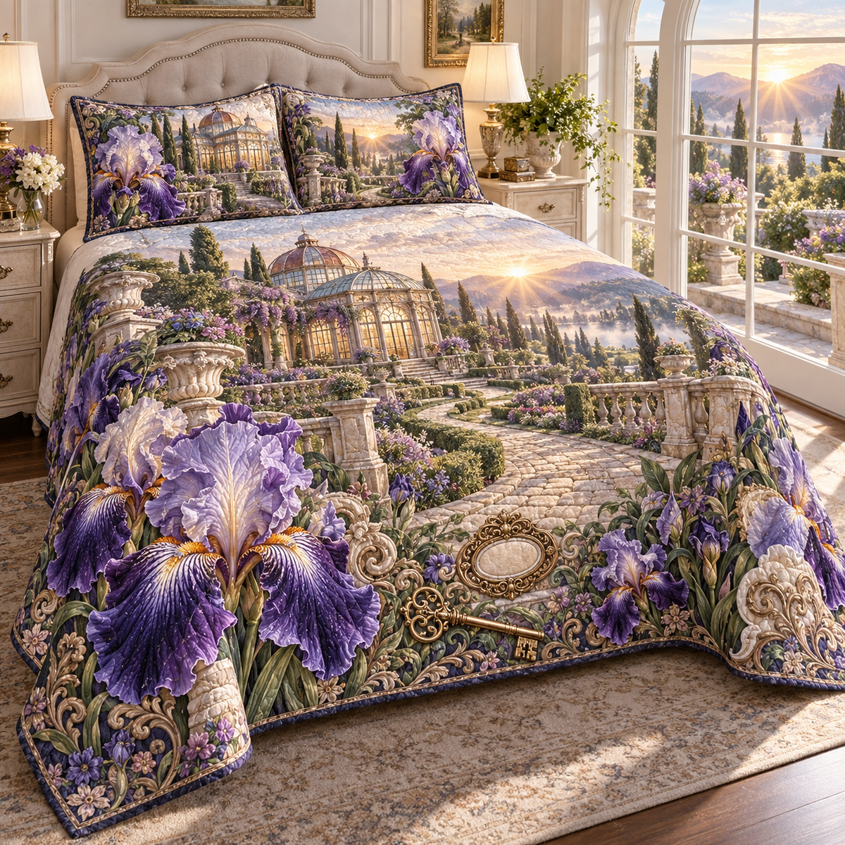 One quilted bedding set with a continuous iris Heirloom Keyhouse Estate, violet, cobalt and pearl blooms, antique brass keys, limestone terraces, winding path and copper-roofed conservatory home.