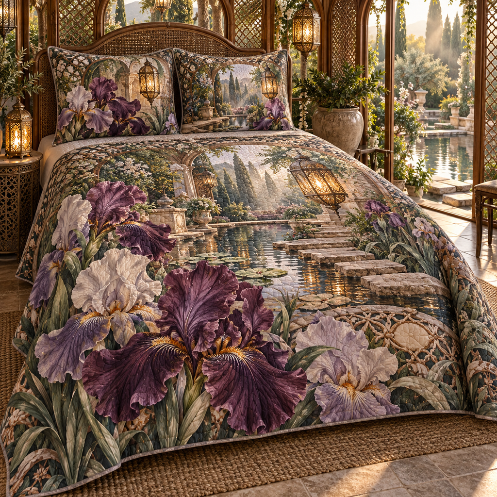 One quilted bedding set with a continuous iris Whisperlight Courtyard Alcove, aubergine, smoky lilac and pearl blooms, woven arches, amber lanterns, pale stone niches, stepping stones and reflecting pool.