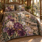 One quilted bedding set with a continuous iris Whisperlight Courtyard Alcove, aubergine, smoky lilac and pearl blooms, woven arches, amber lanterns, pale stone niches, stepping stones and reflecting pool.