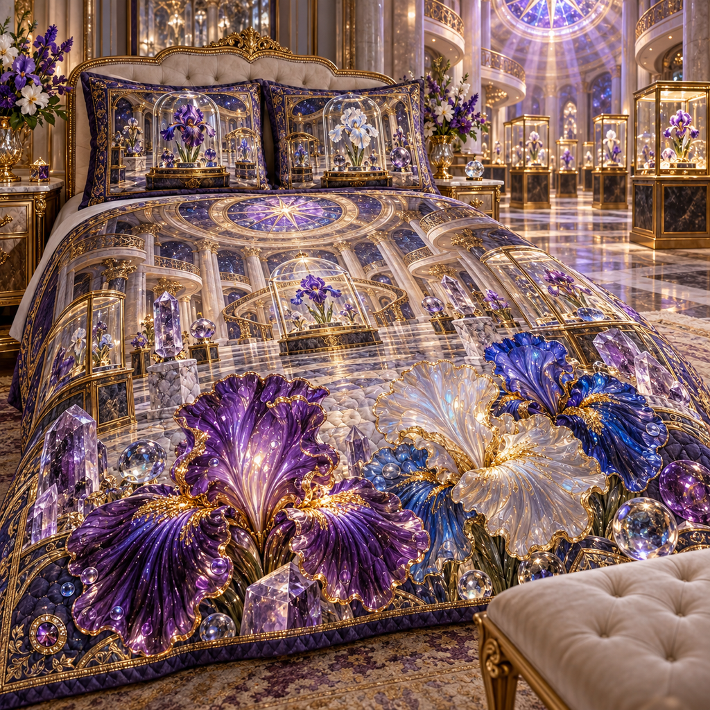 One quilted bedding set with a continuous iris Celestial Curio Gallery, blown-glass amethyst, cobalt and opal blooms, crystal plinths, brass vitrines, spiral balconies and star-prism oculus.