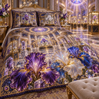 One quilted bedding set with a continuous iris Celestial Curio Gallery, blown-glass amethyst, cobalt and opal blooms, crystal plinths, brass vitrines, spiral balconies and star-prism oculus.