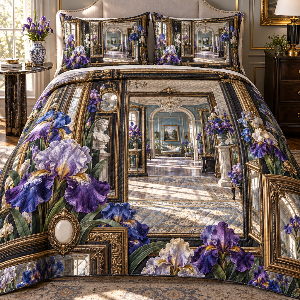 One quilted bedding set with a continuous iris Floating Frame Atelier, nested brass, walnut and bronze frames, bevelled mirrors, sculptural violet blooms and a luminous sage-blue gallery portal.