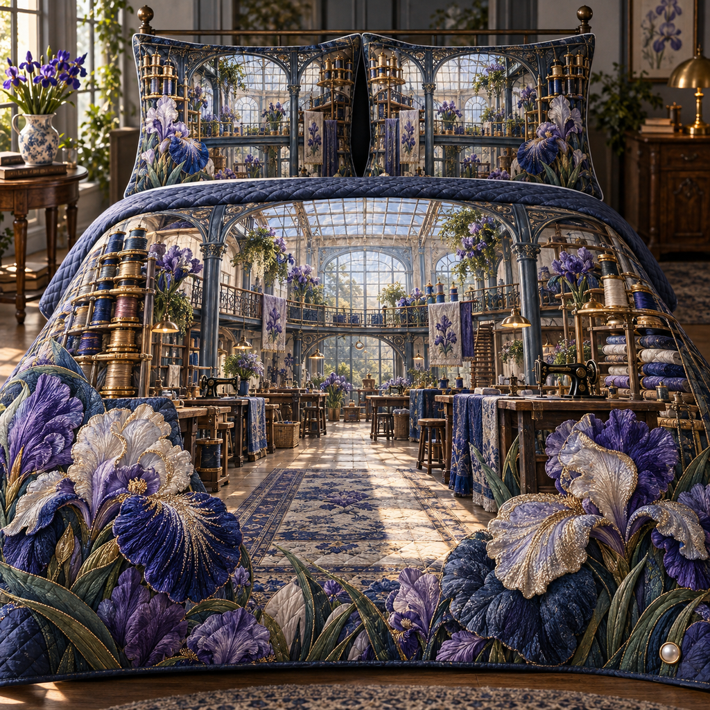 One quilted bedding set with a continuous Iris Indigo Threadhouse, embroidered violet and pearl blooms, brass bobbin towers, thread bridges, sewing stations and a luminous glass-roof maker loft.