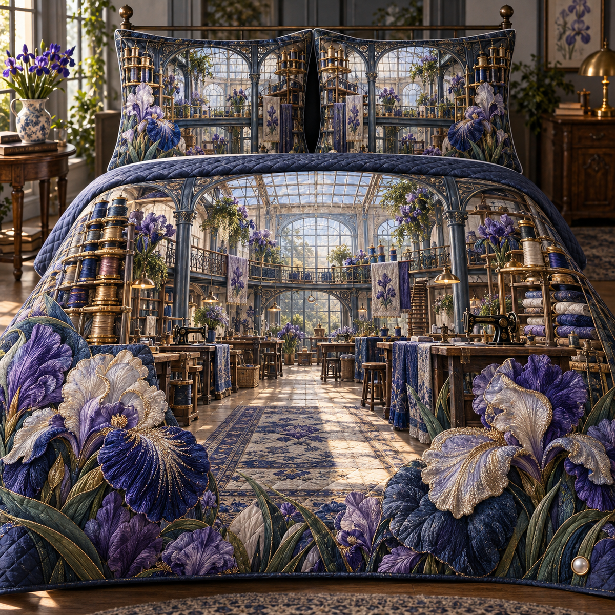 One quilted bedding set with a continuous Iris Indigo Threadhouse, embroidered violet and pearl blooms, brass bobbin towers, thread bridges, sewing stations and a luminous glass-roof maker loft.