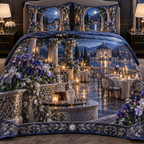 One quilted bedding set with a continuous Iris Silverleaf Supper Terrace, violet and pearl blooms, silver trellises, serving trays, candlelit tables and a moonlit lakeside pavilion.