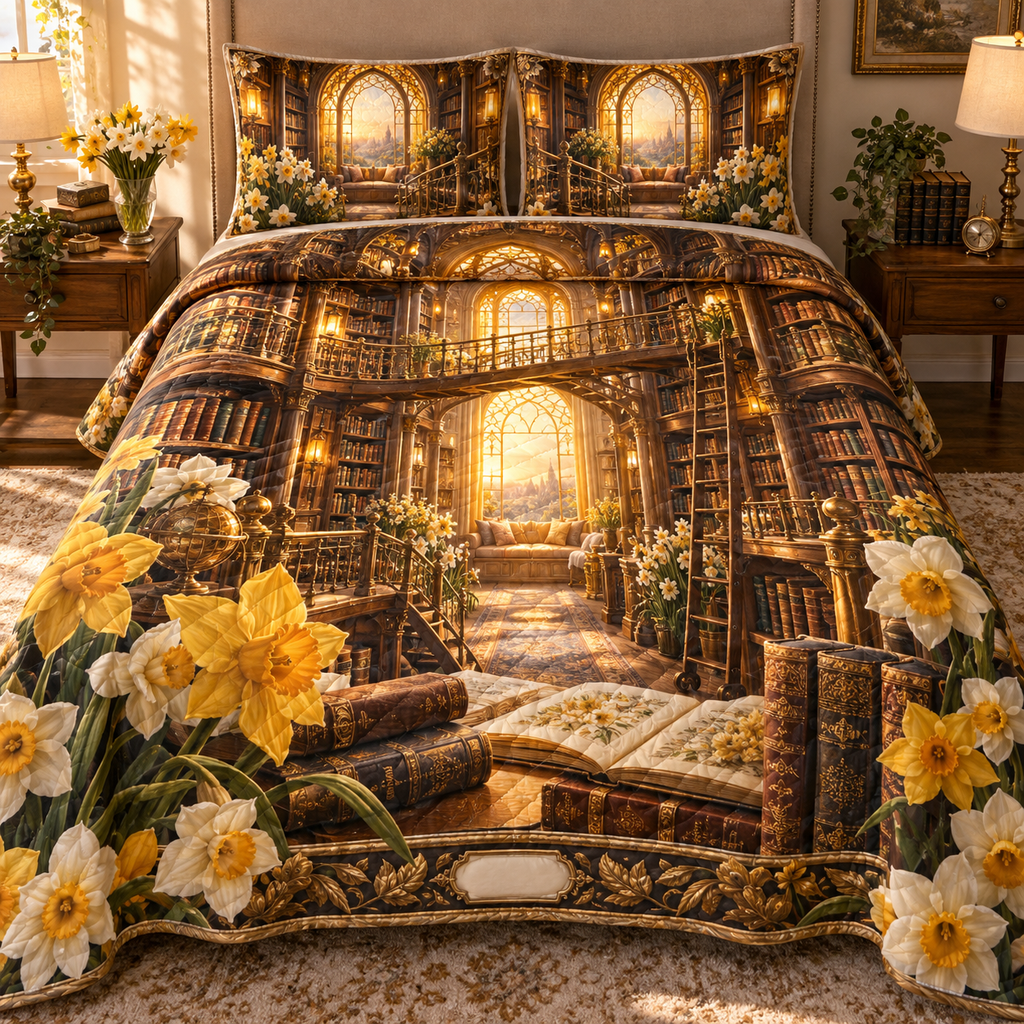 One quilted bedding set with a continuous Daffodil Golden Chapter Loft, golden daffodils, cream jonquils, leather-bound books, folio bridges, brass ladders and amber library arches.