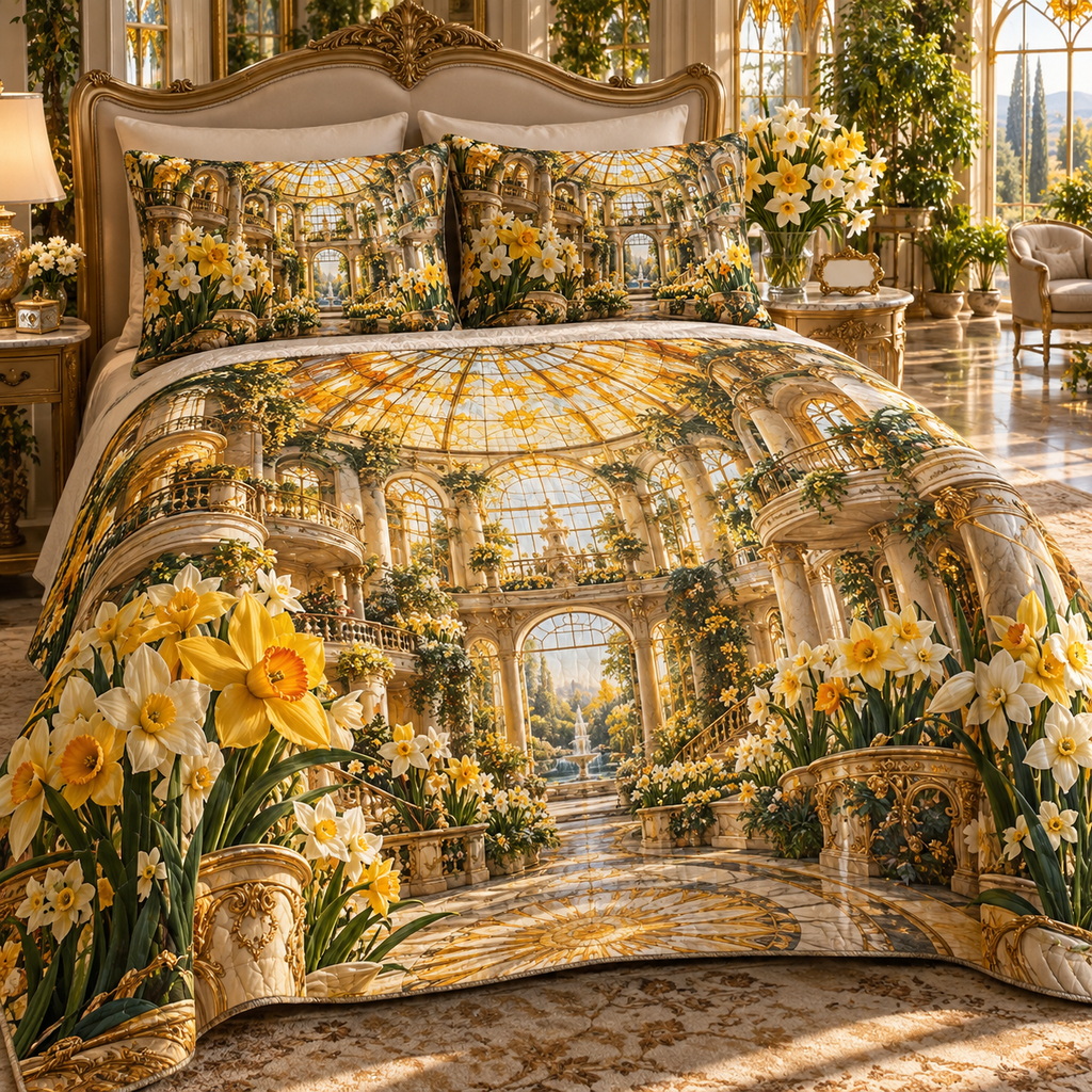 One quilted bedding set with a continuous Daffodil Sunvault Canopy Manor, golden daffodils, cream jonquils, brass balconies, sunburst mosaics and an amber glass canopy.