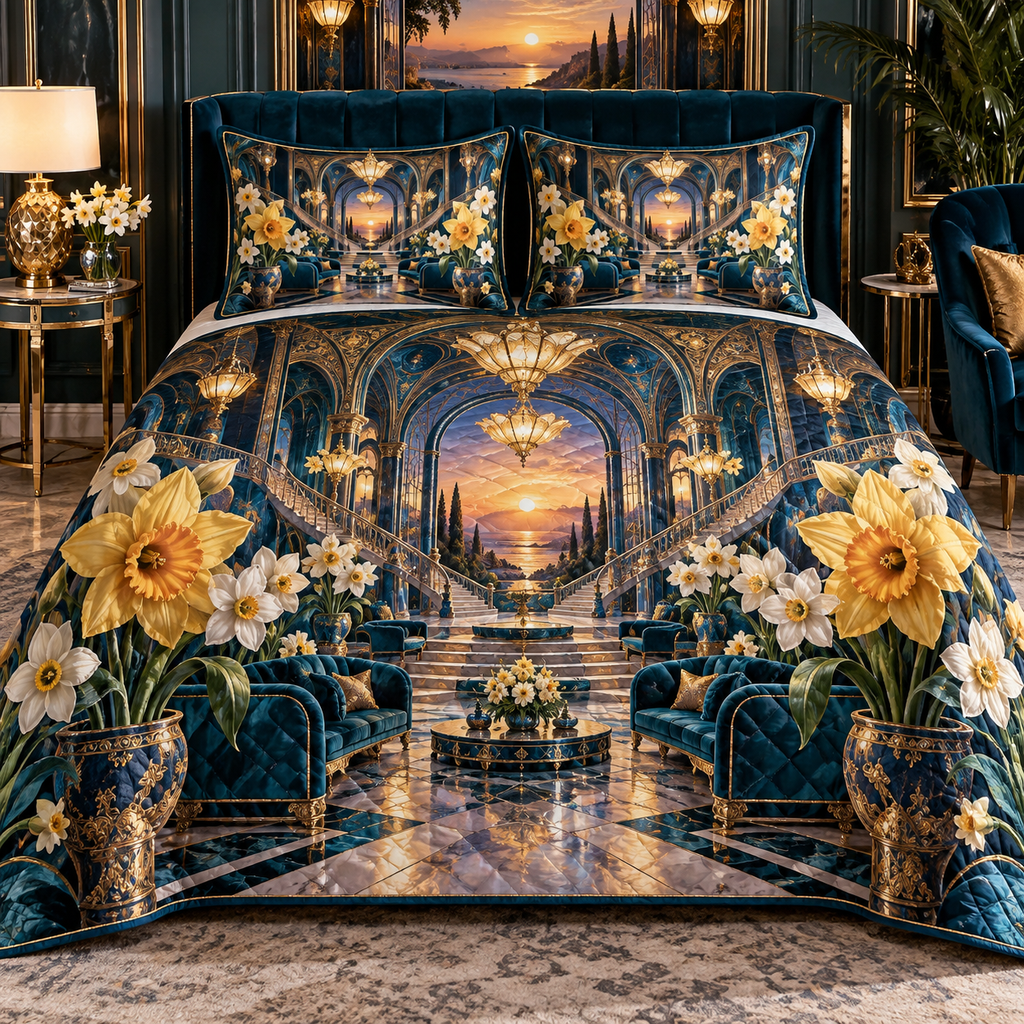 One quilted bedding set with a continuous Daffodil Azure Crown Salon, golden daffodils, cream jonquils, sapphire arches, mirrored stairs and a sunset gallery.