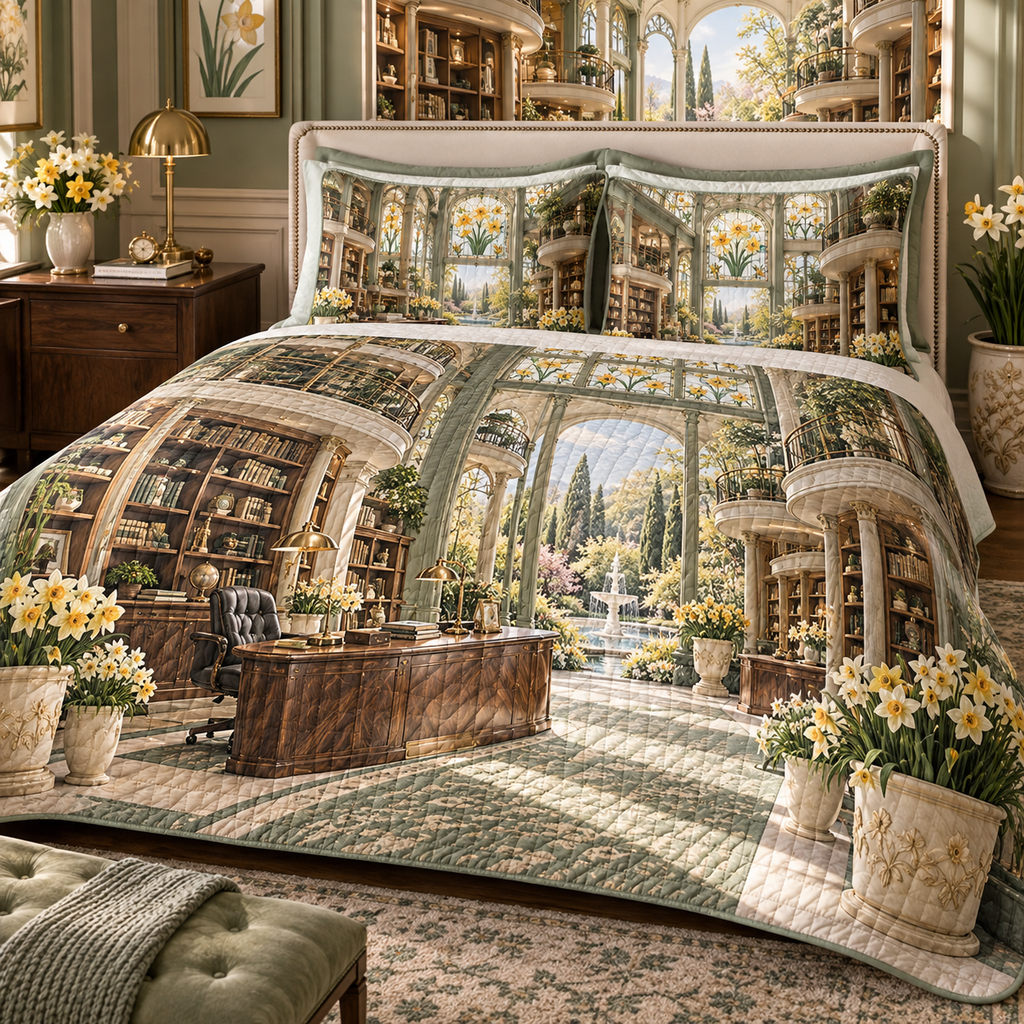 One quilted bedding set with a continuous Daffodil Sageglass Executive Atrium, golden daffodils, sage shelves, walnut desk, brass lamps and sunlit garden depth.