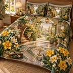 One quilted bedding set with a continuous Daffodil Hearthkey Conservatory, golden daffodils, brass keys, sage tile, oak foyer and sunlit new-home depth.