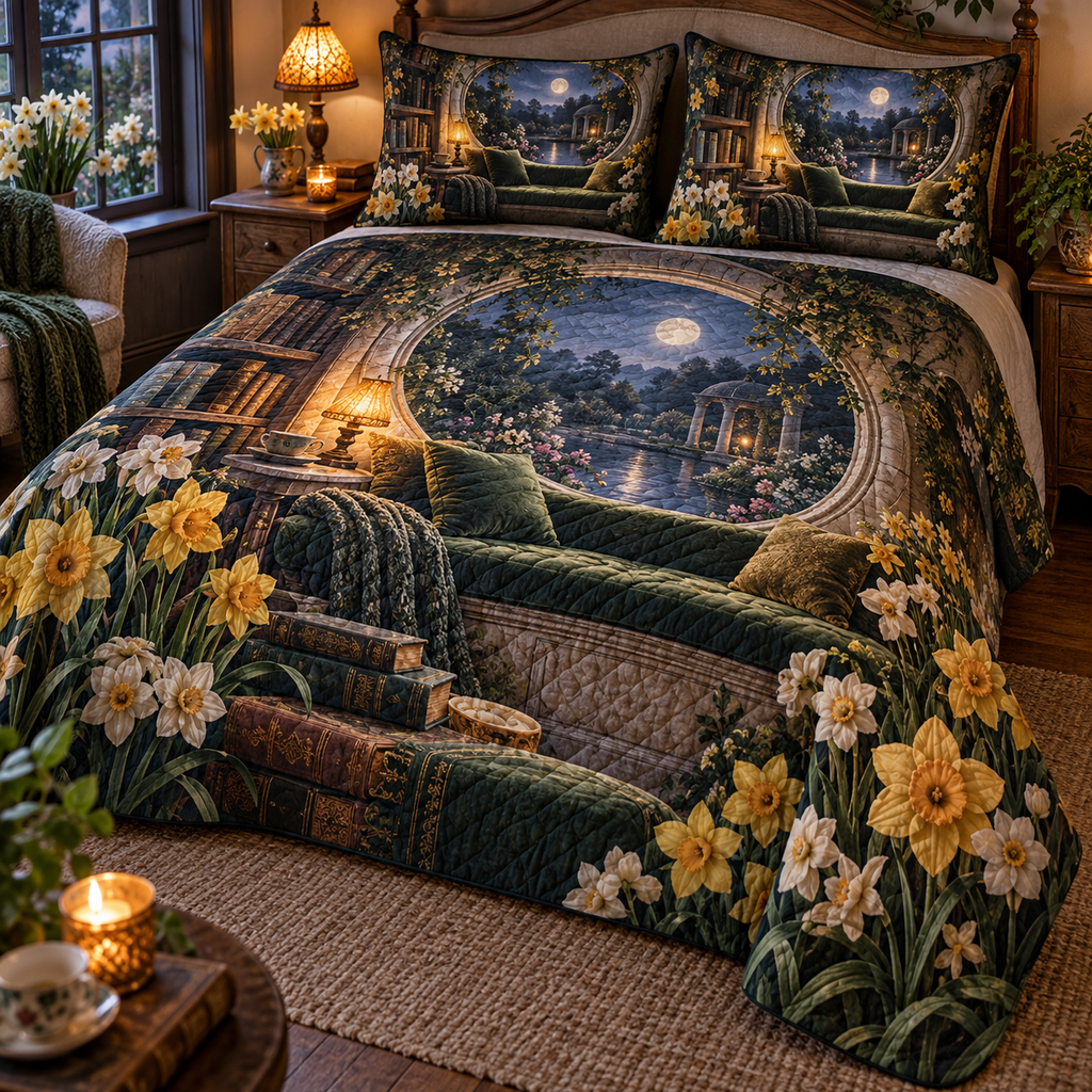 One quilted bedding set with a continuous Daffodil Moonwell Reading Alcove, golden flowers, moss velvet, aged books, amber lamp and moonlit garden depth.