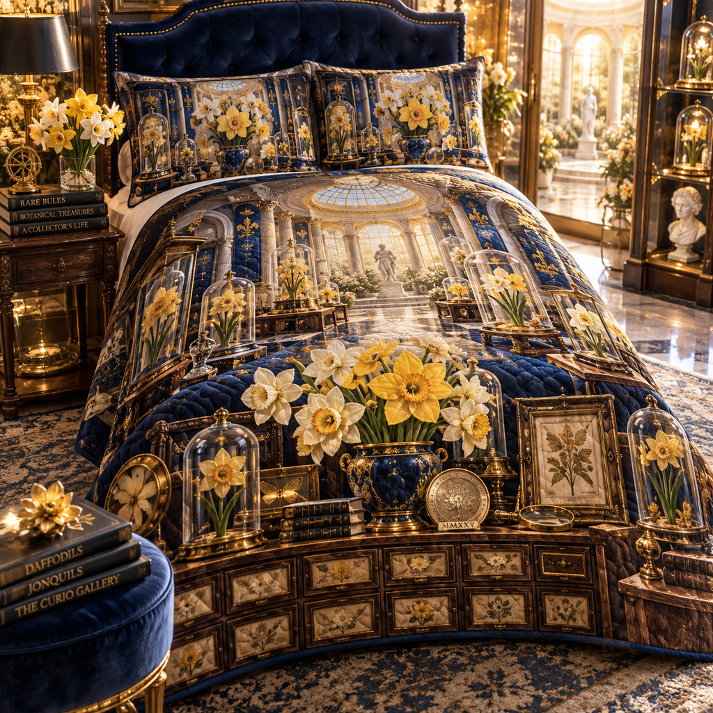 One quilted bedding set with a continuous Daffodil Aurelia Curio Gallery, golden flowers, cobalt velvet, crystal vitrines, brass frames and luminous rotunda depth.