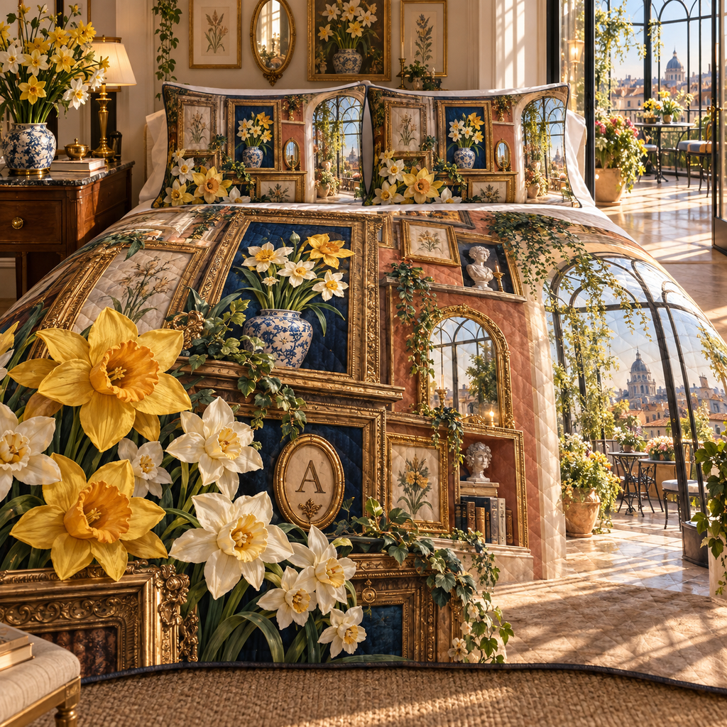 One quilted bedding set with a continuous Daffodil Lumenframe Apartment Salon, golden flowers, mixed brass frames, terracotta alcoves and sunlit apartment depth.