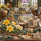 One quilted bedding set with a continuous Daffodil Makerlight Atelier, golden flowers, copper tools, peacock-teal workstations and sunlit atelier depth.