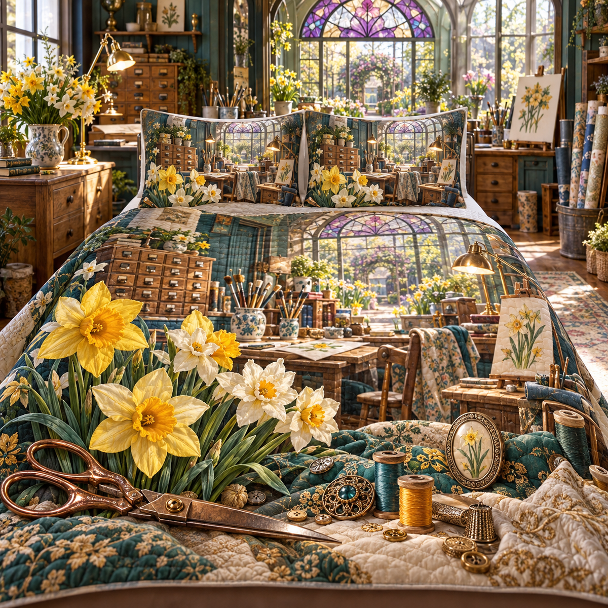 One quilted bedding set with a continuous Daffodil Makerlight Atelier, golden flowers, copper tools, peacock-teal workstations and sunlit atelier depth.