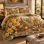One quilted bedding set with a continuous Daffodil Amberglass Welcome Supper, golden flowers, amber glass, brass accents and candlelit garden depth.
