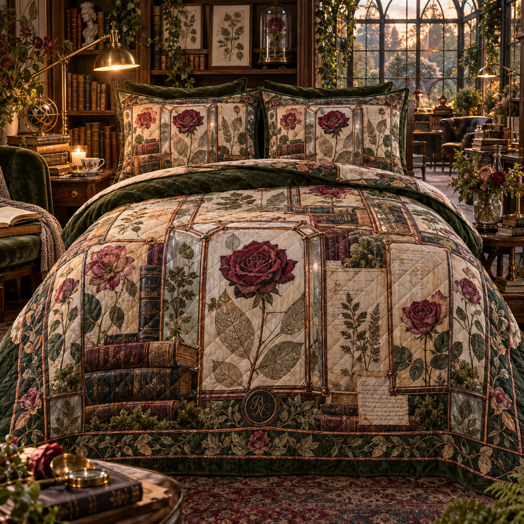 One quilted bedding set with a continuous Rose Glassleaf Reading Conservatory, pressed roses, copper herbarium glass, leather books and amber library depth.