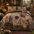 One quilted bedding set with a continuous Rose Glassleaf Reading Conservatory, pressed roses, copper herbarium glass, leather books and amber library depth.