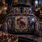 One quilted bedding set with a continuous Rose Nocturne Specimen Gallery, pressed roses, gilded glass, indigo velvet and moonlit bedroom depth.