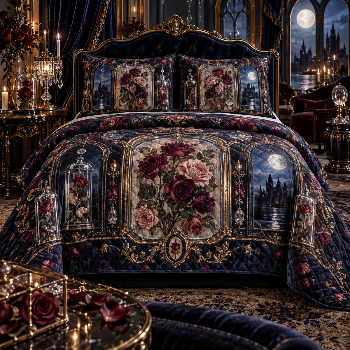 One quilted bedding set with a continuous Rose Nocturne Specimen Gallery, pressed roses, gilded glass, indigo velvet and moonlit bedroom depth.