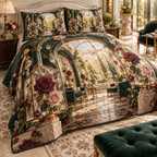 One quilted bedding set with a continuous Rose Solarium Grand Salon, pressed roses, gilded glass, indigo velvet and sunlit grand-salon depth.