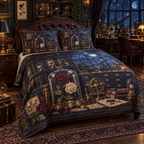 One quilted bedding set with a continuous Rose Archivist Observatory, pressed roses, gilded glass, indigo velvet and celestial observatory-office depth.