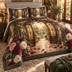 One quilted bedding set with a continuous Rose Hearthglass Welcome House, pressed roses, gilded glass, indigo velvet and luminous garden-foyer depth.