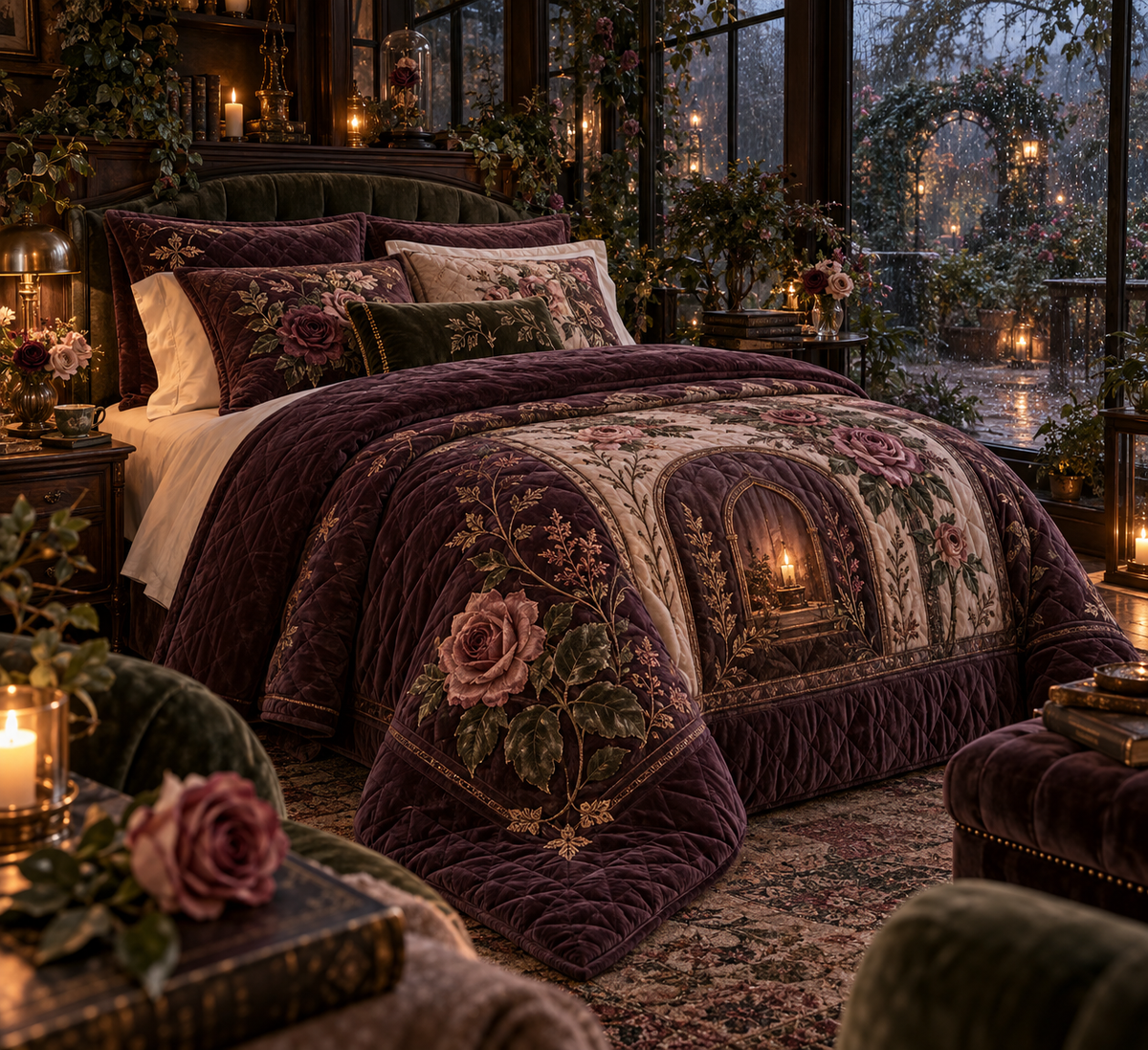 One quilted bedding set with an original Rose Embernook Conservatory, dimensional roses, botanical glass and candlelit quiet-corner depth.