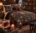 One quilted bedding set with an original Rose Curator Birthday Cabinet, dimensional roses, botanical glass and candlelit quiet-corner depth.