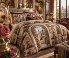 One quilted bedding set with an original Rose Salon Wallscape, dimensional roses, botanical glass and candlelit quiet-corner depth.