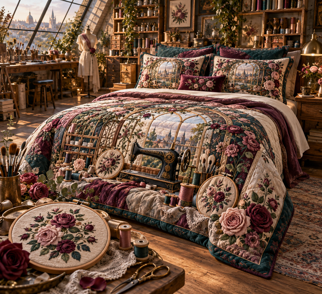 One quilted bedding set with an original Rose Atelier Identity, dimensional roses, sewing tools and sunlit atelier depth.