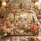 One quilted bedding set with an original Rose Gratitude Conservatory, dimensional roses, crystal and sunlit conservatory depth.