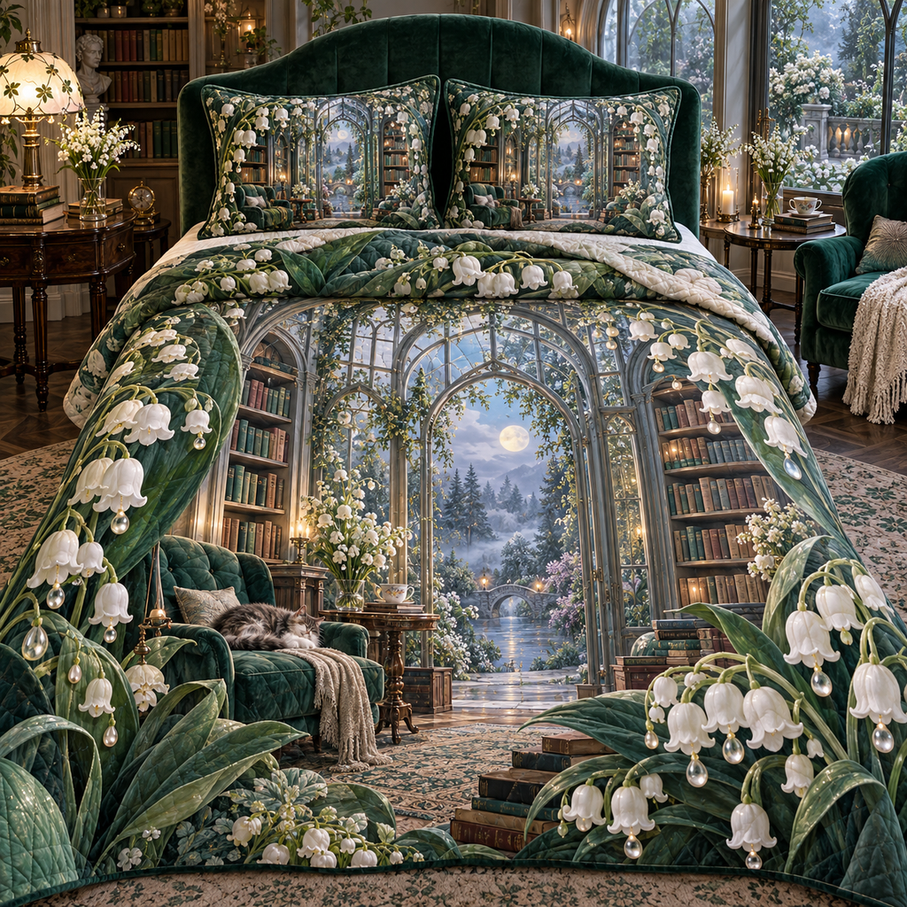 One quilted bedding set with an original Moonbell Reading Conservatory, dimensional moonbells, silver glass and moonlit library depth.
