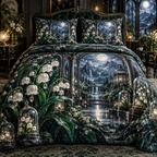 One quilted bedding set with an original Emerald Moonbell Grand Chamber, dimensional moonbells, smoky glass and moonlit grand-bedroom depth.